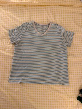 Kim Rogers Blue and White Striped V-Neck Tee